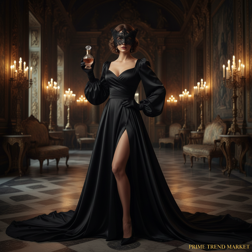 Elegant woman in black masquerade mask and silk gown holding Masked Goddess perfume - Prime Trend Market