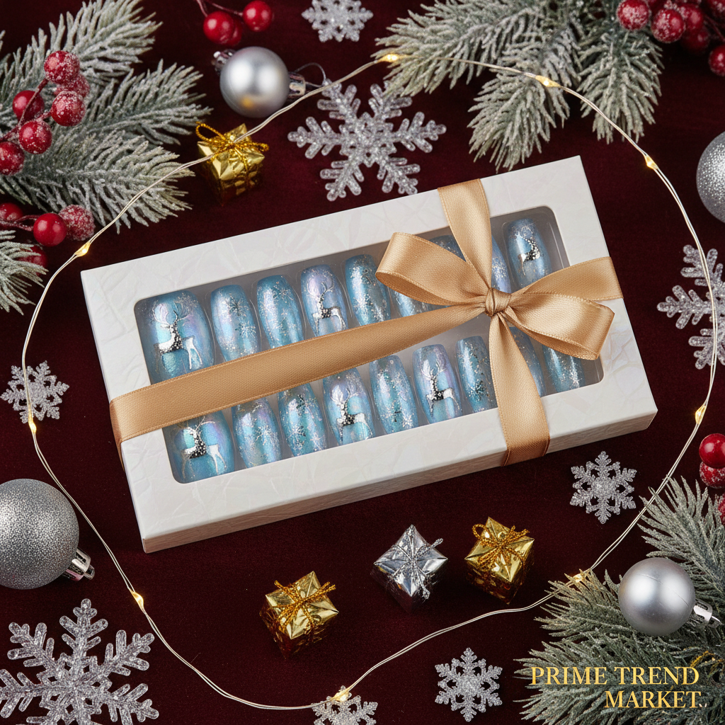 Holiday gift presentation diamond deer snowflake press-on nail set Christmas packaging