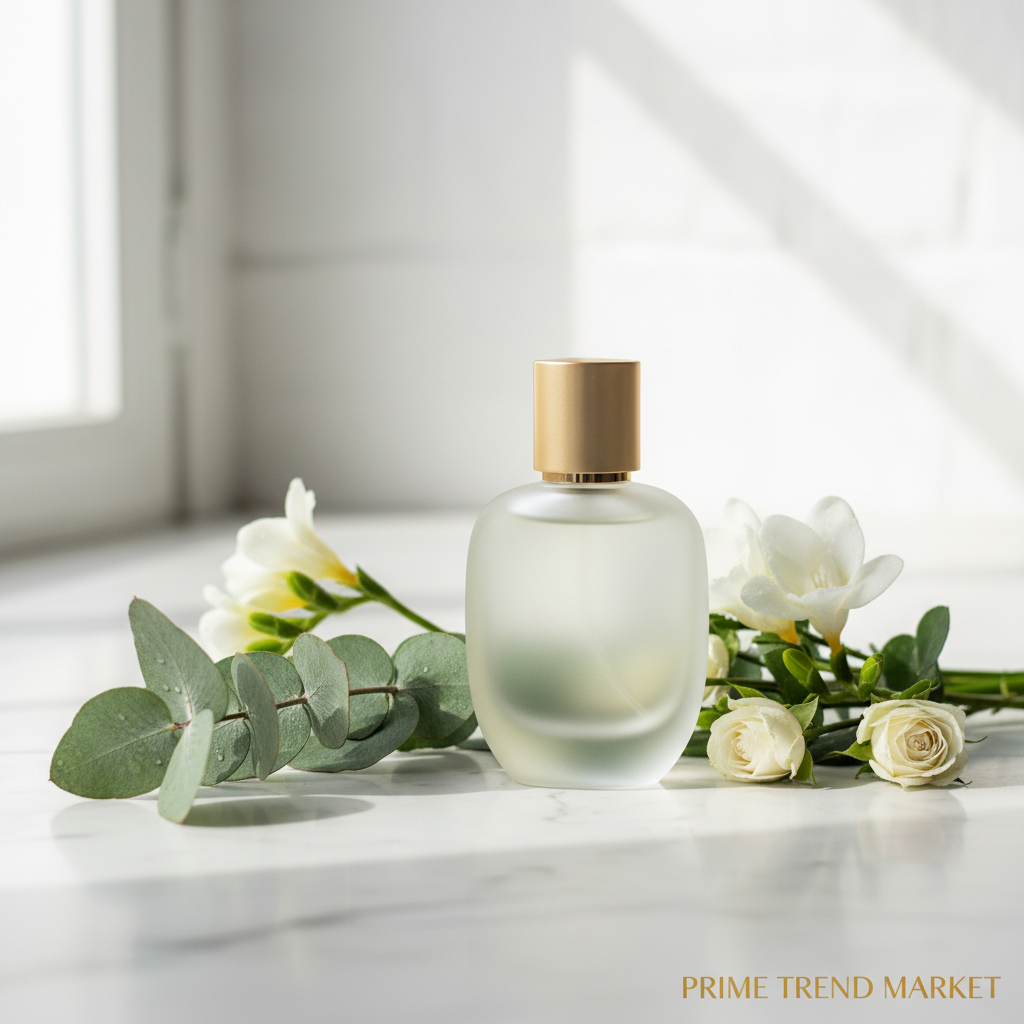 Minimalist niche perfume on white marble with green botanicals and white flowers