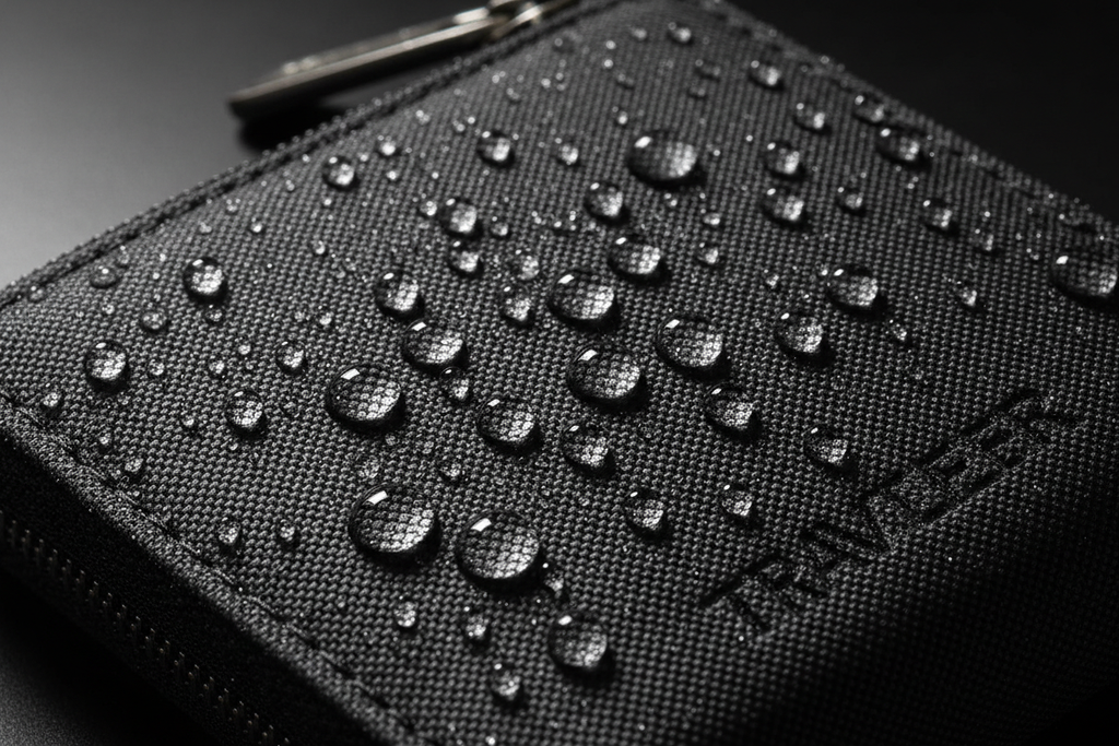 Close-up water droplets on water-repellent Oxford fabric