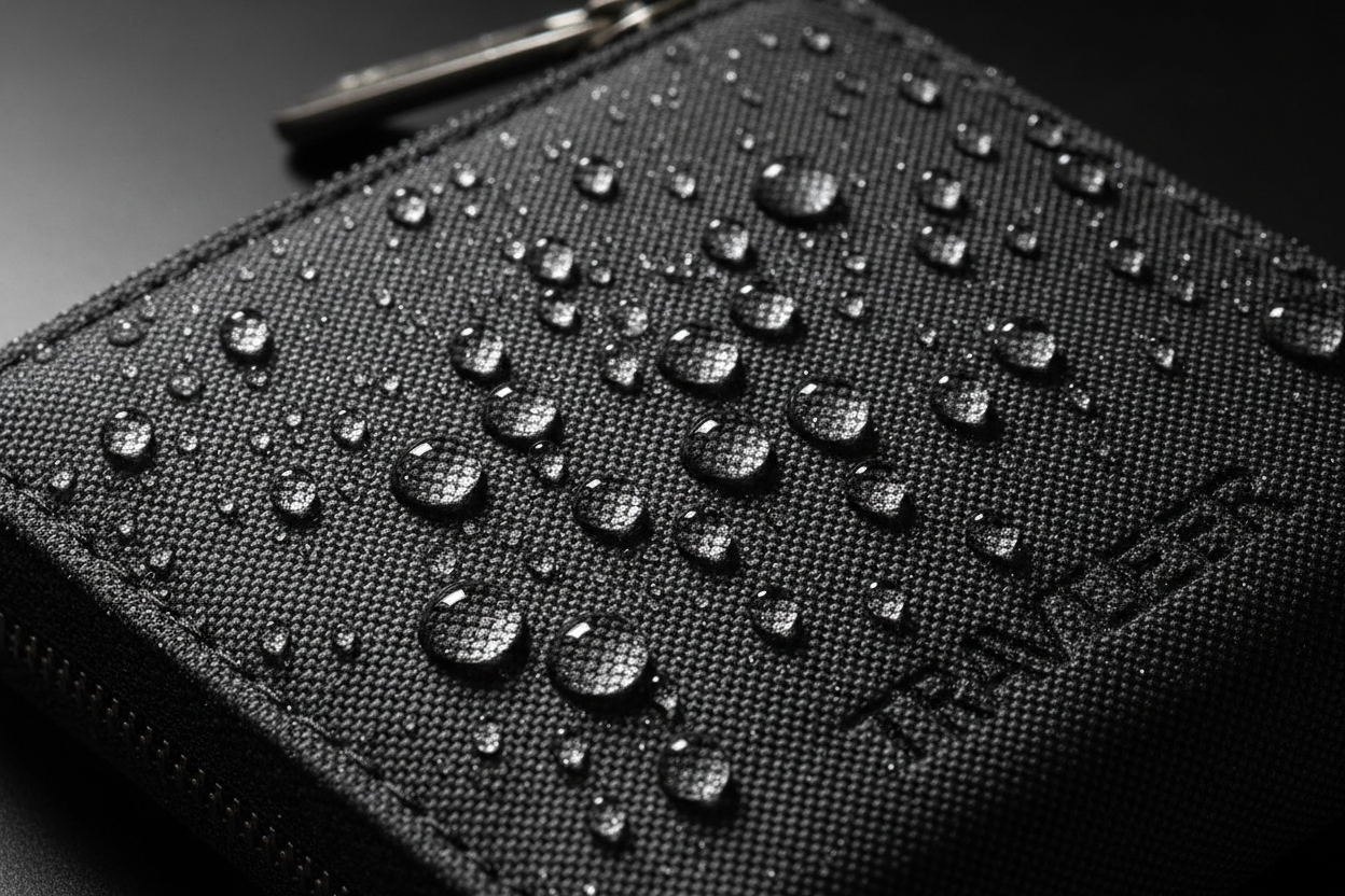 Close-up water droplets on water-repellent Oxford fabric