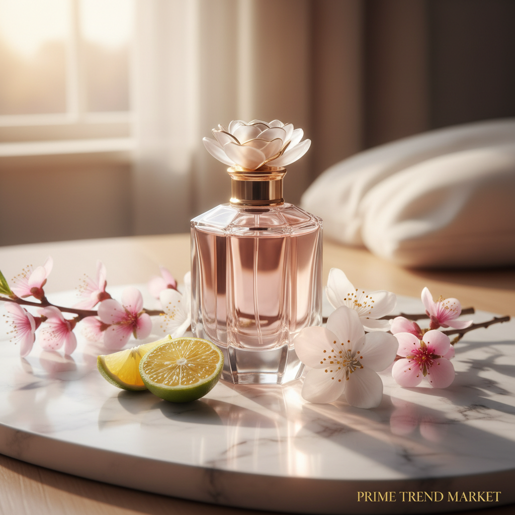Holiday Roaming Eau de Parfum bottle with bergamot and peach blossoms on marble surface