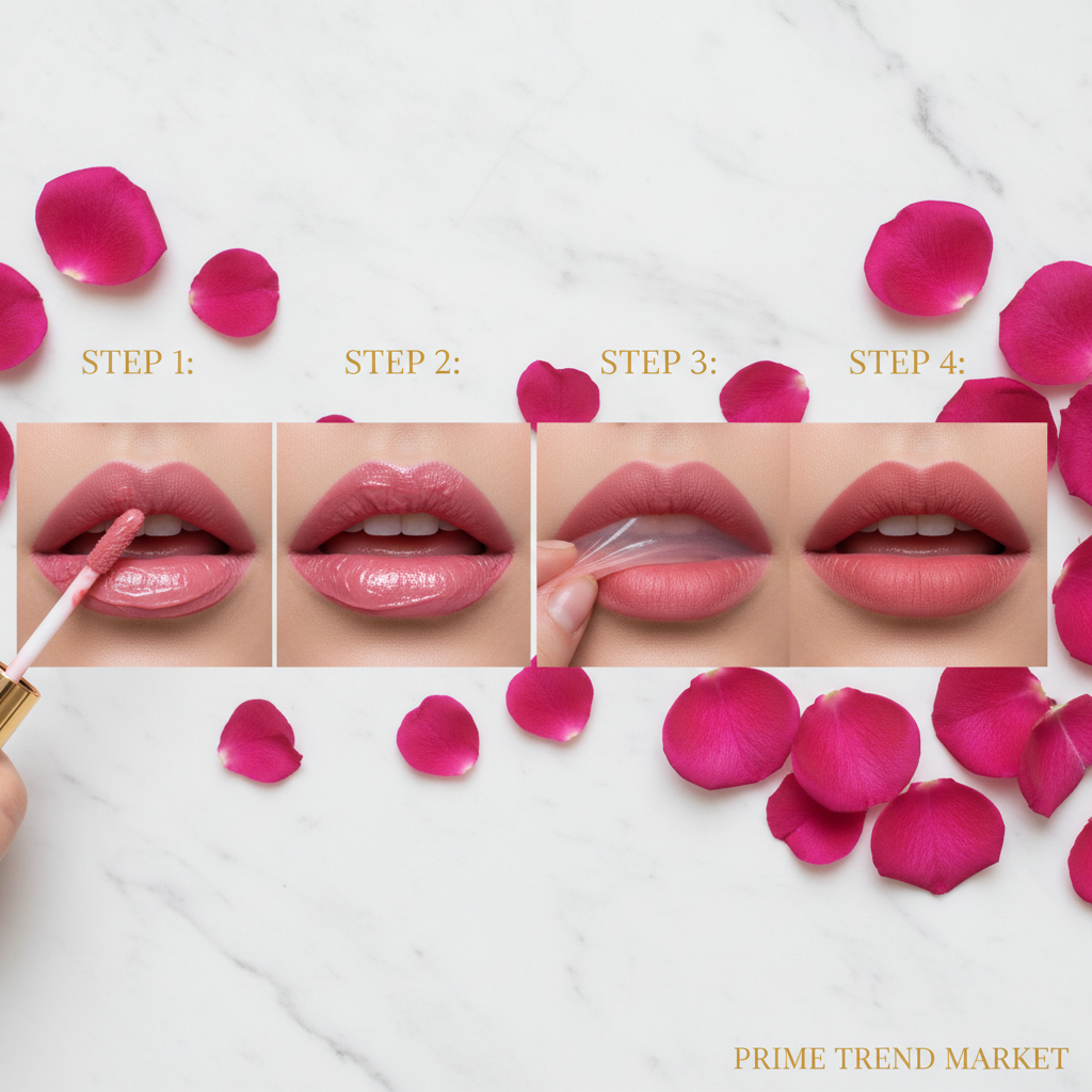 Four step lip tattoo tutorial apply peel off lip liner dry peel reveal matte stain editorial