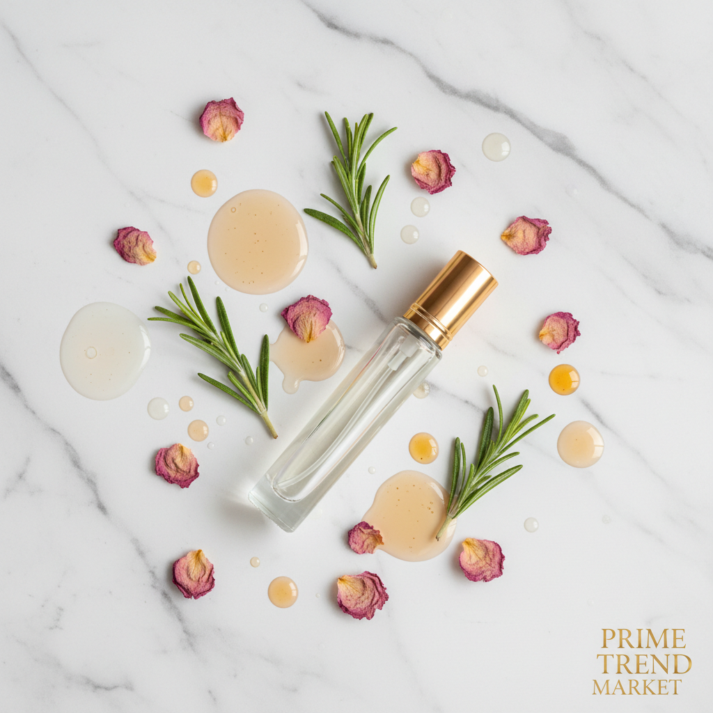 EELHOE Floral EDT roller bottle botanical ingredient flat lay with lavender and rosehip - Prime Trend Market