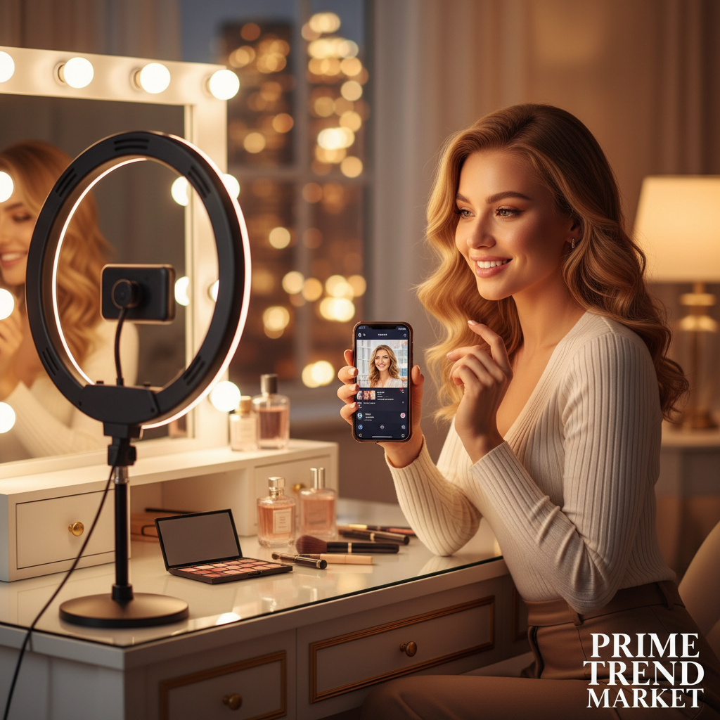 Beauty creator streaming live with GlowShot ring light webcam