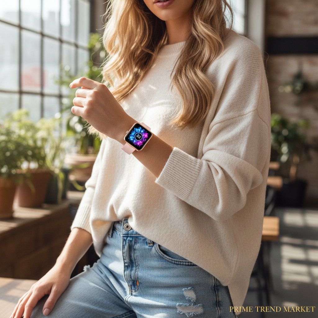 Stylish woman wearing pink rose gold square smartwatch in chic lifestyle setting