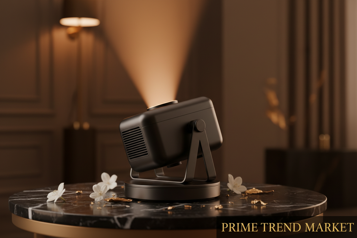PTZ Mini Projector on black marble with pan-tilt base and cinematic light beam — Prime Trend Market