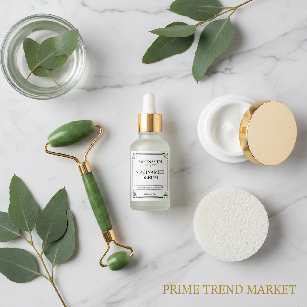 Niacinamide serum bottle with jade roller konjac sponge face cream and eucalyptus on white marble skincare routine flat lay