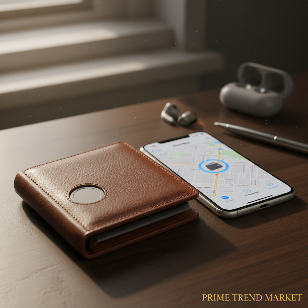 AirTag wallet on desk next to iPhone showing Find My app locating wallet
