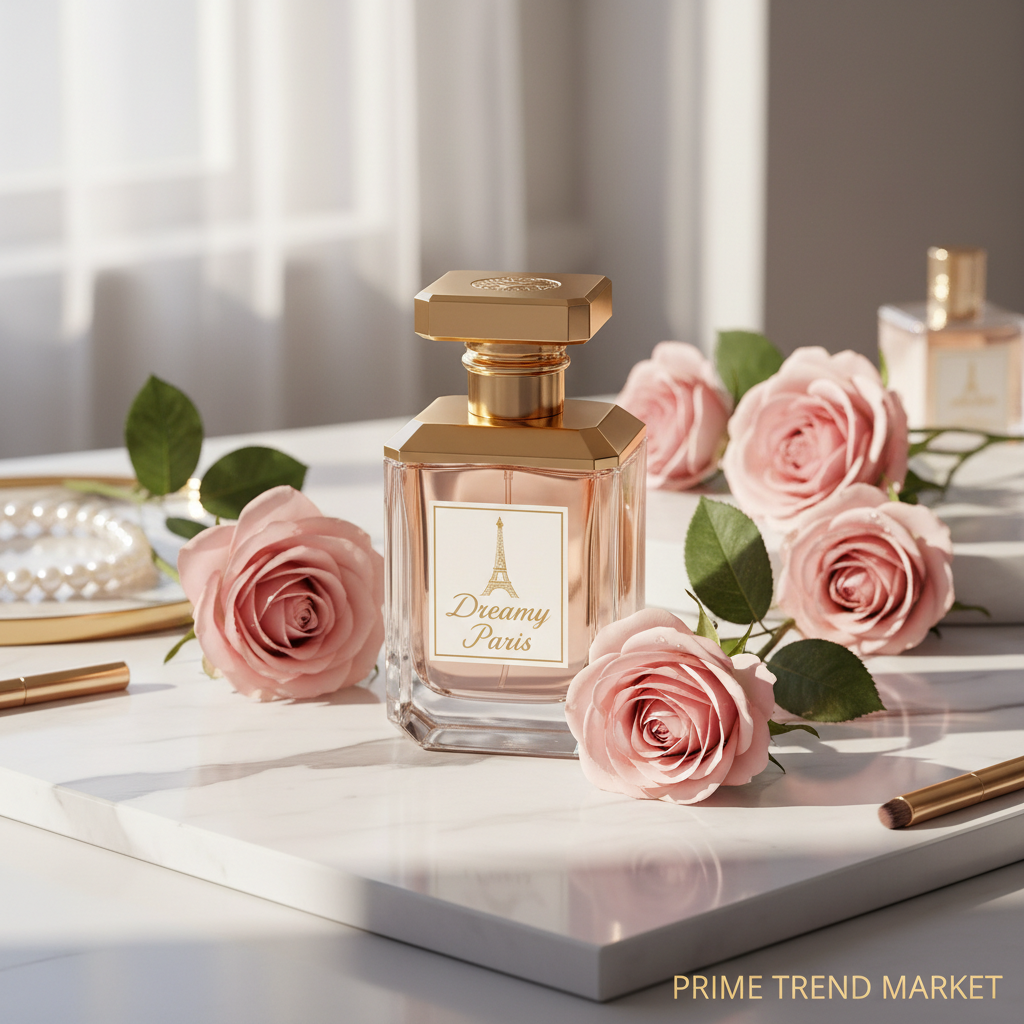 Dreamy Paris 30ml perfume bottle on marble vanity with pink roses