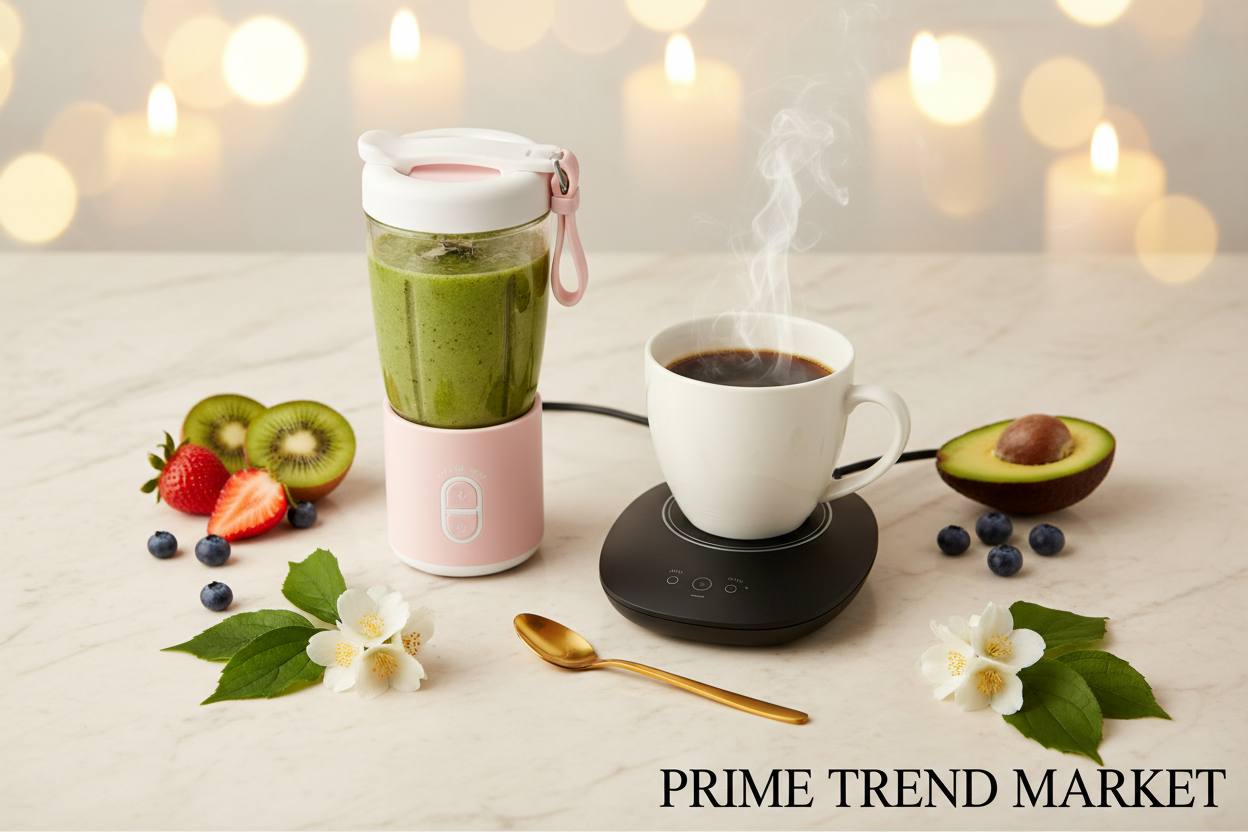 Luxury morning wellness flat lay with pink mini blender smoothie and black smart mug warmer with steaming coffee on cream marble