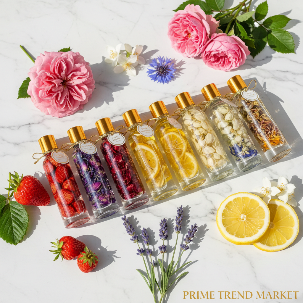 8 dried flower nail treatment oil bottles flat lay on marble