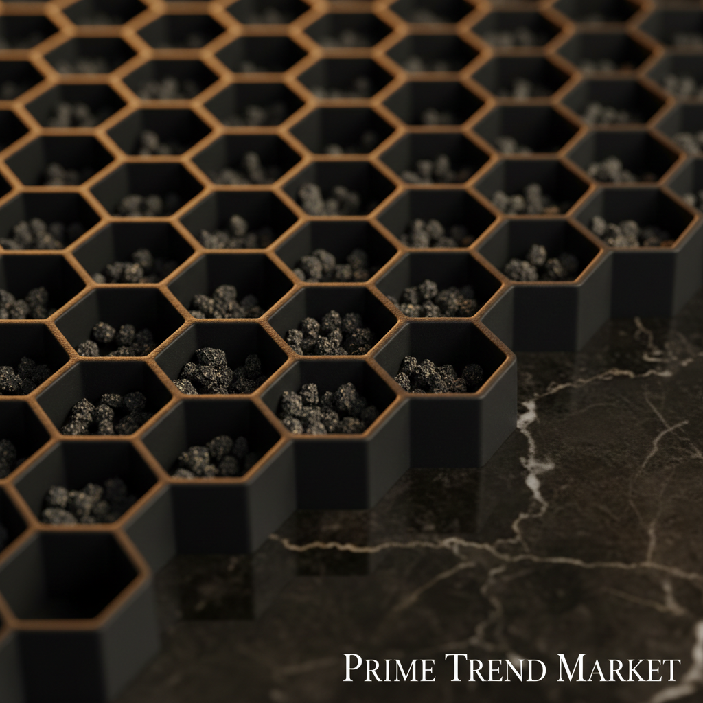 Close-up macro of EVA honeycomb cells trapping litter granules