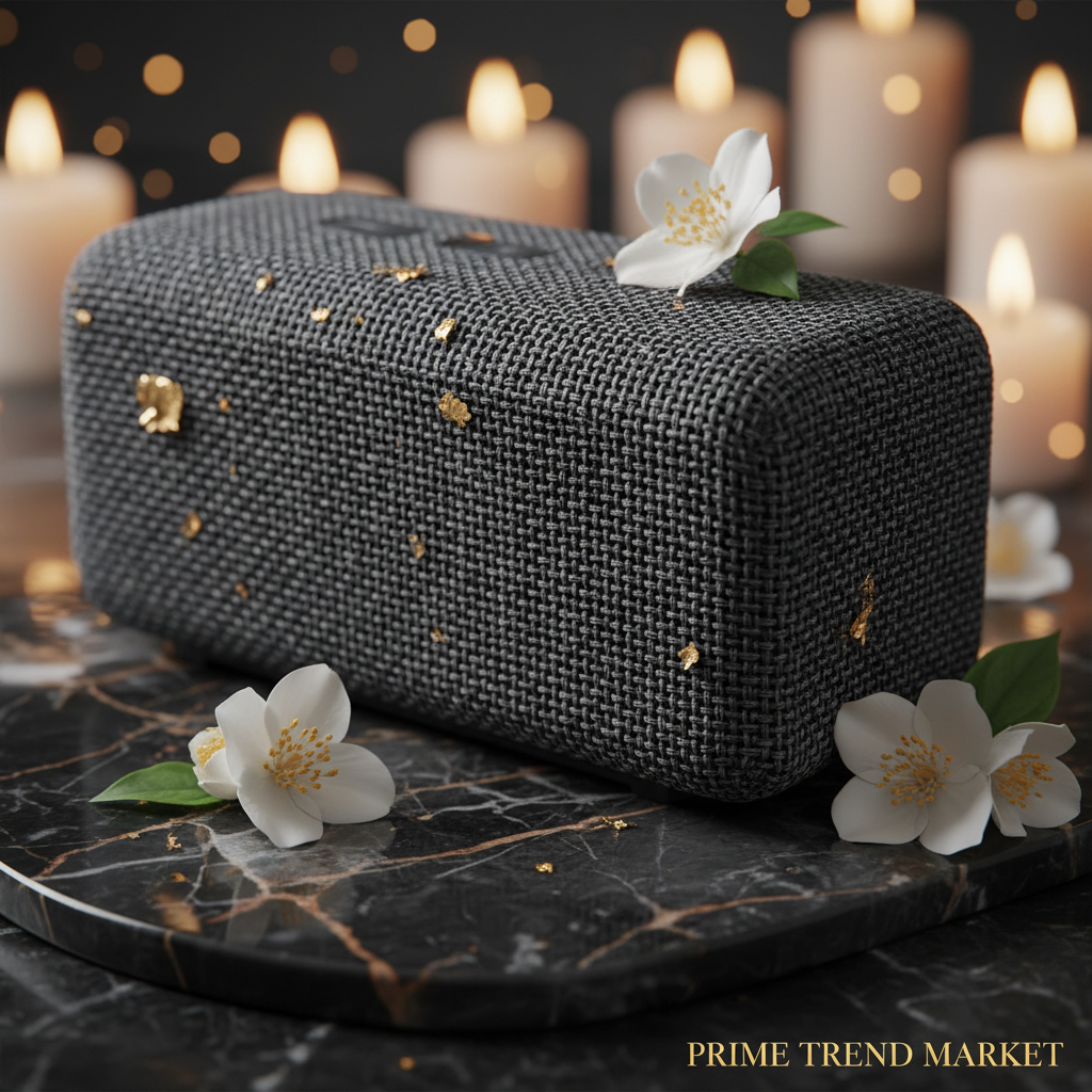 Premium fabric mesh Bluetooth speaker close-up with jasmine and candlelight — Prime Trend Market