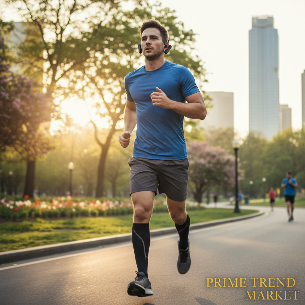 Man Running Outdoors Wearing Open Ear Earhook Sport Earbuds — Prime Trend Market