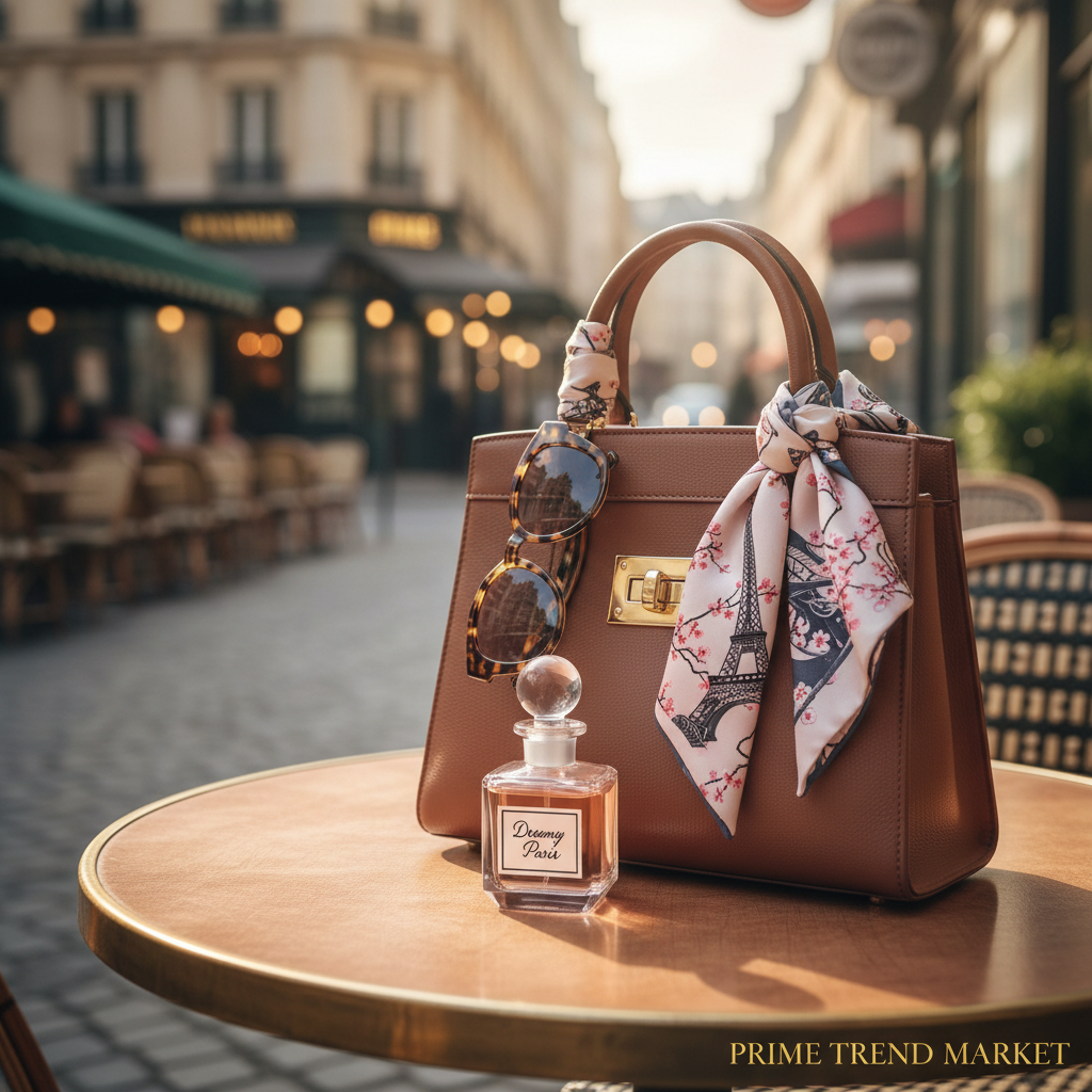 Dreamy Paris perfume in luxury handbag with Parisian café background