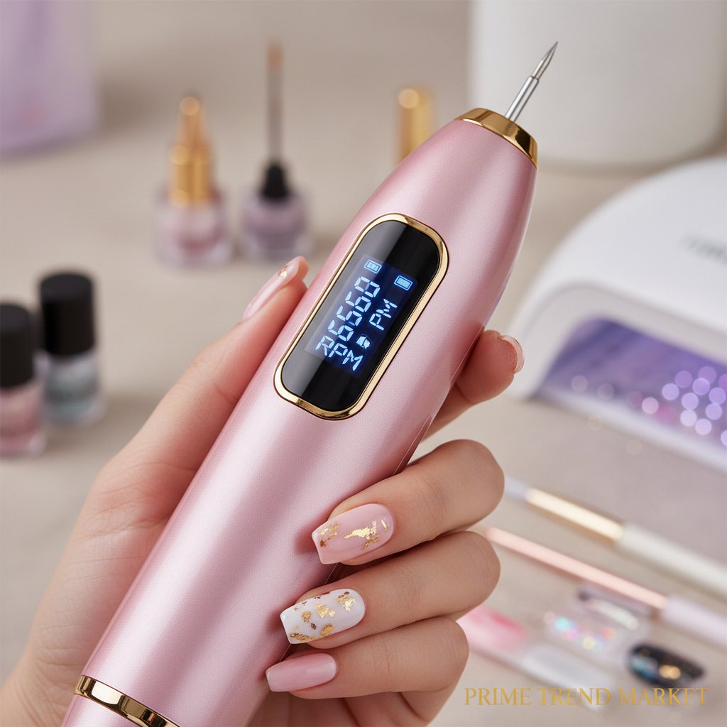 Close-up of LCD display showing RPM on cordless nail drill