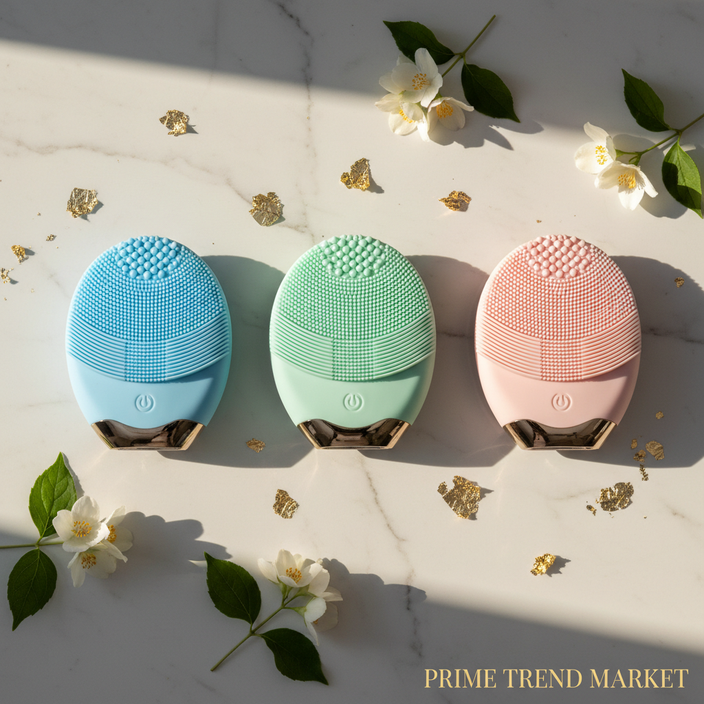 Luxury 5-in-1 Silicone Facial Cleansing Device all 3 colors Sky Blue Mint Green Baby Pink trio flatlay