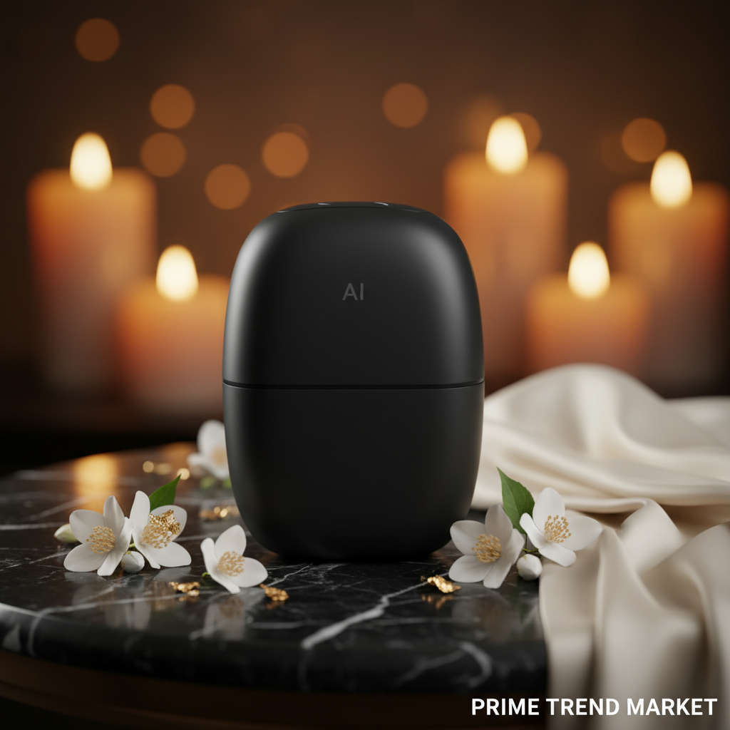 AI voice control smart Bluetooth speaker in black on dark marble with jasmine and gold — Prime Trend Market