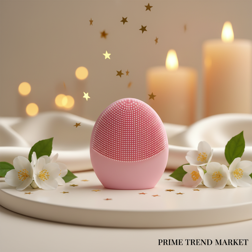 Luxury Mini Silicone Face Cleansing Brush in pink on cream ivory with gold confetti