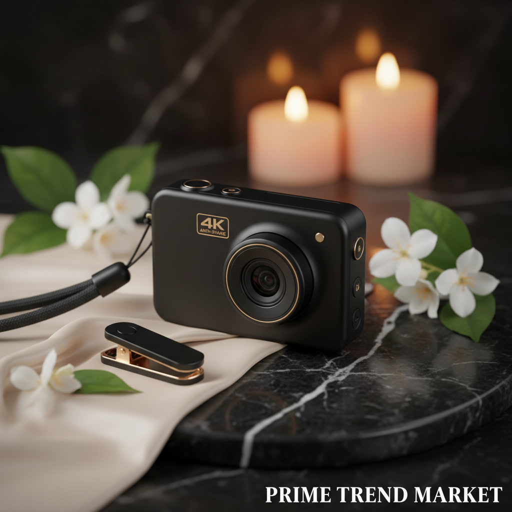 Black 4K anti-shake pocket sports camera on dark marble with clip, strap, jasmine flowers and gold accents