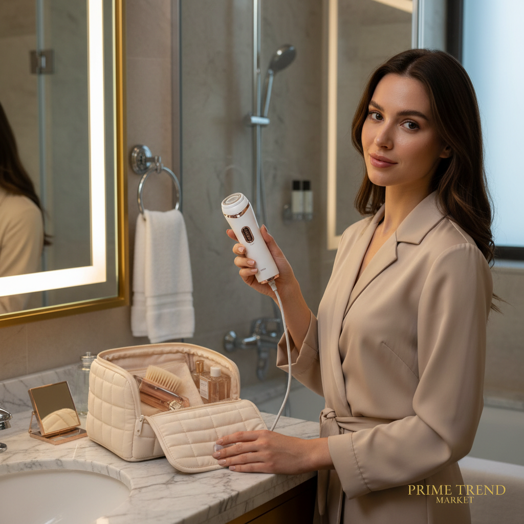 Woman holding white electric shaver USB cable travel toiletry bag hotel bathroom lifestyle