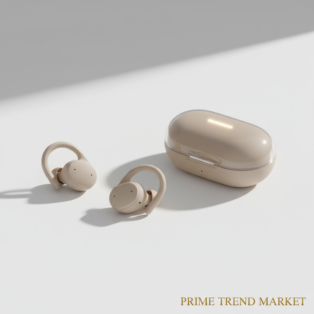 Open Ear Earhook Sport Earbuds Beige Color with LED Case on White Surface — Prime Trend Market