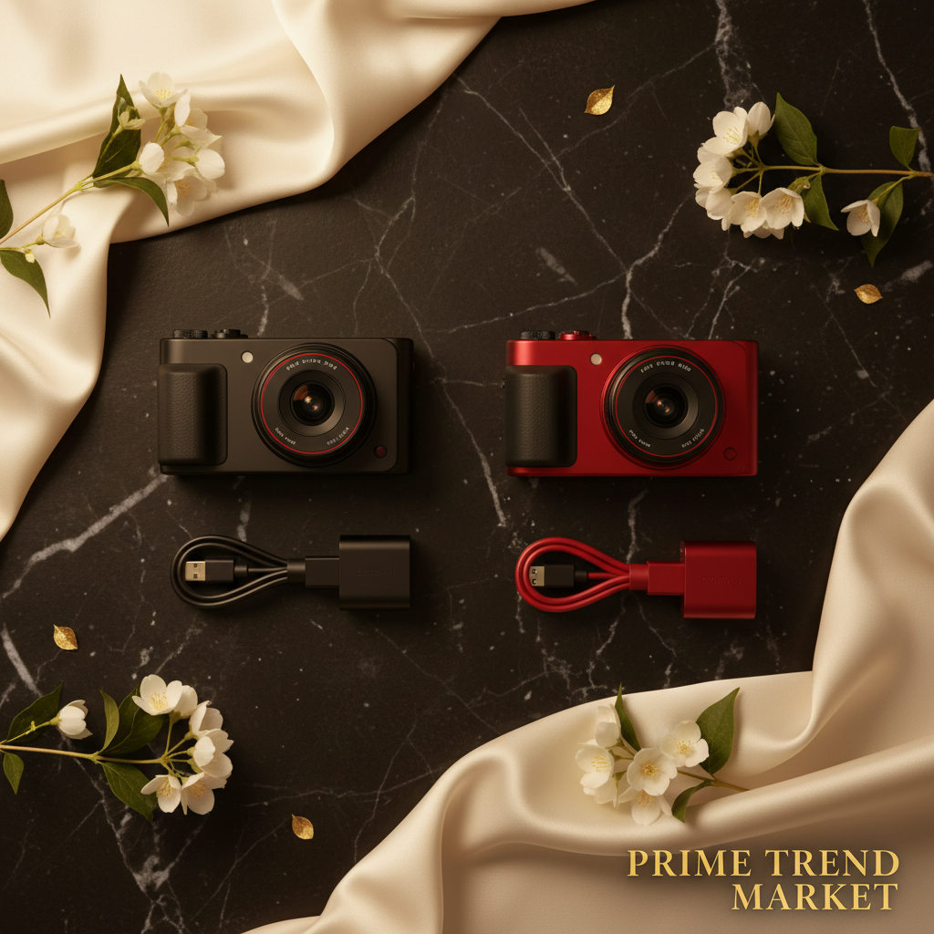 Black and red vlog camera variants flat lay on black marble — Prime Trend Market