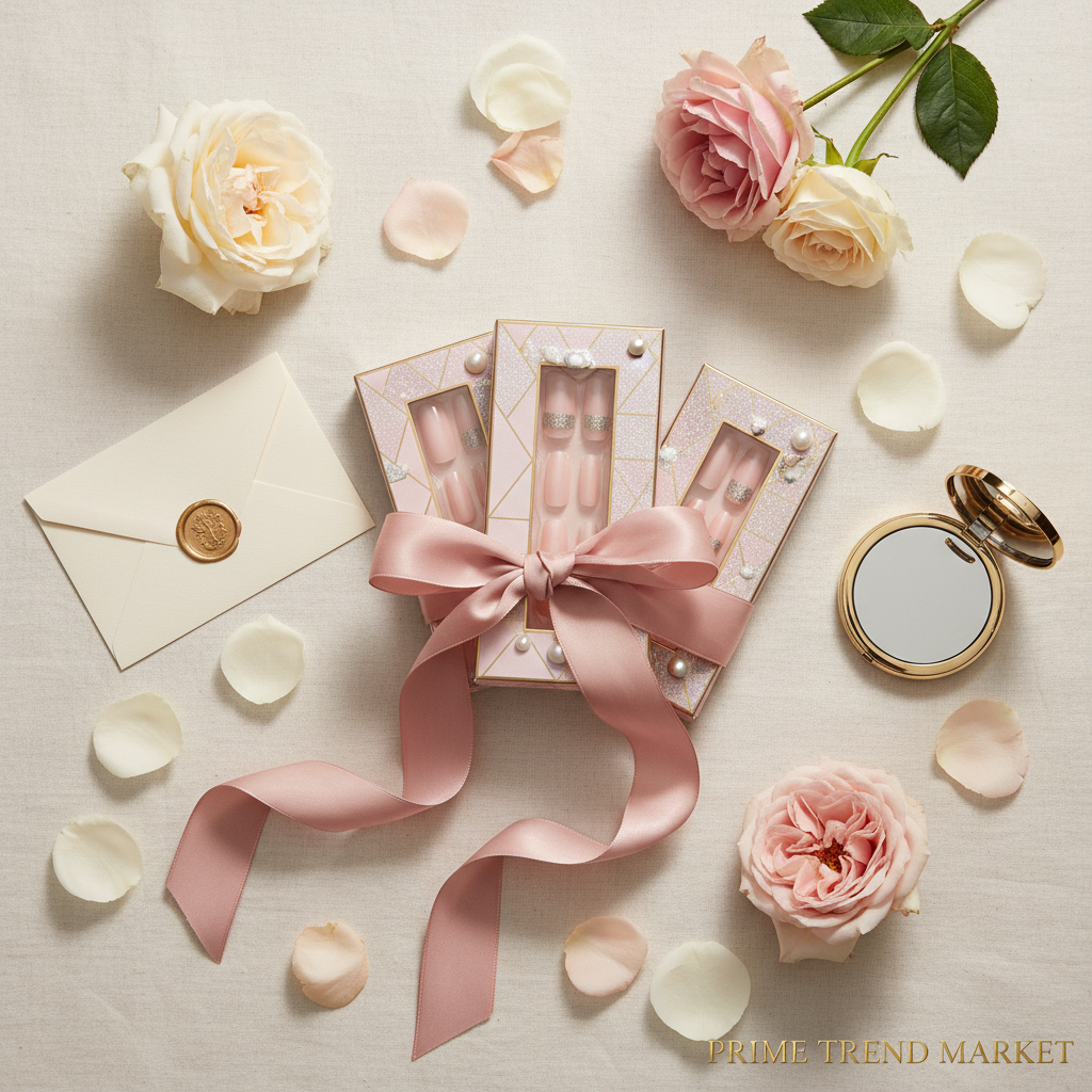 Press-on nail gift flatlay with ribbon and roses