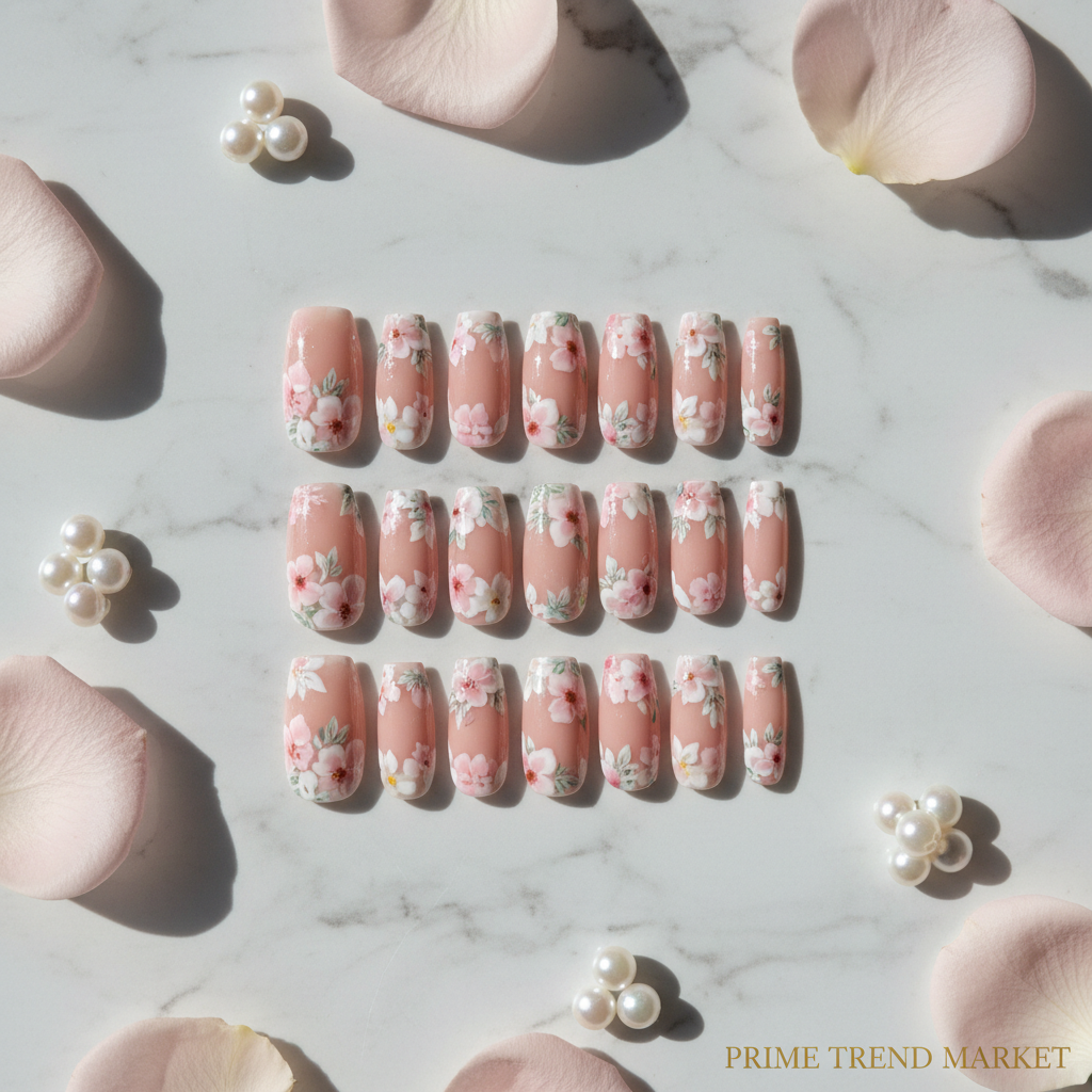 Flat flower press-on nails flat lay pastel floral editorial beauty photography