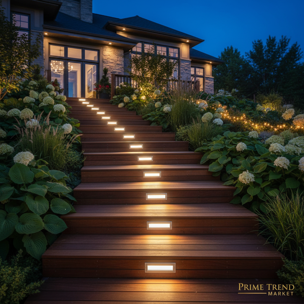 Solar RGB LED Step Lights on Wooden Deck Stairs Warm White Glow at Night — Prime Trend Market
