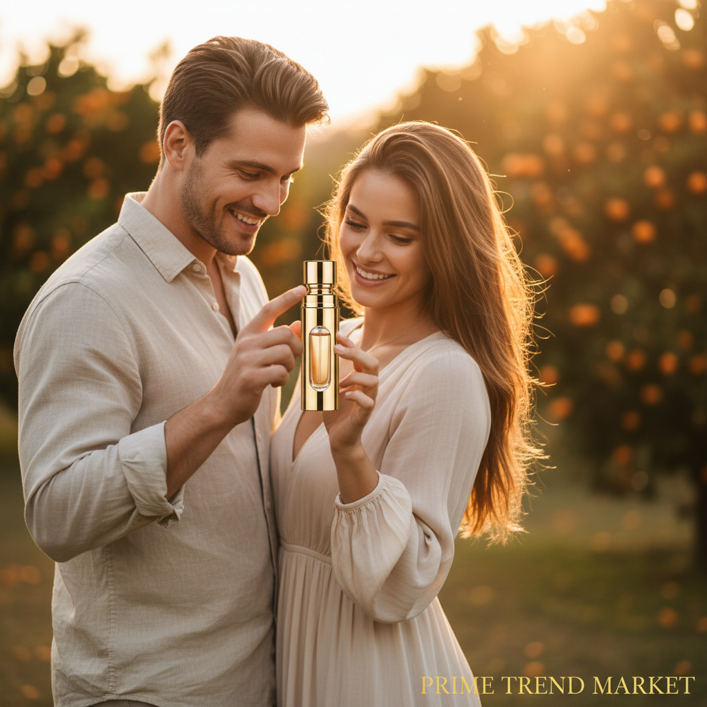 Couple in golden hour light with Water of Freedom perfume bottle