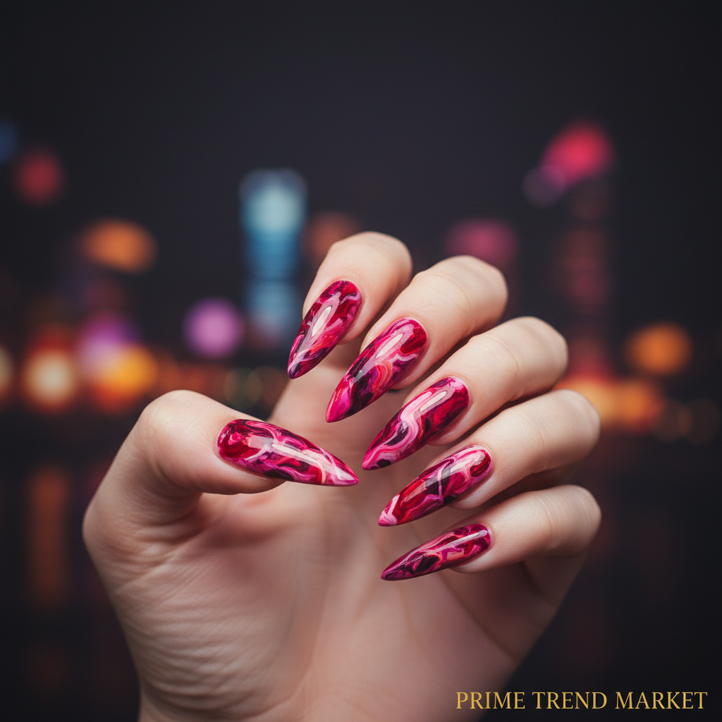 Hand wearing super long graffiti oil painting press-on nails with abstract brushstroke designs
