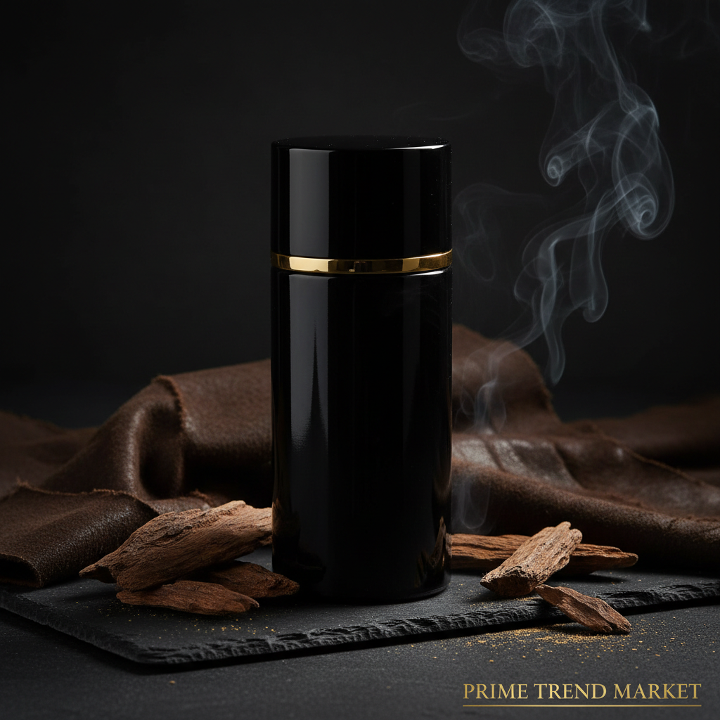Men's niche perfume black bottle on dark slate with oud wood and smoke