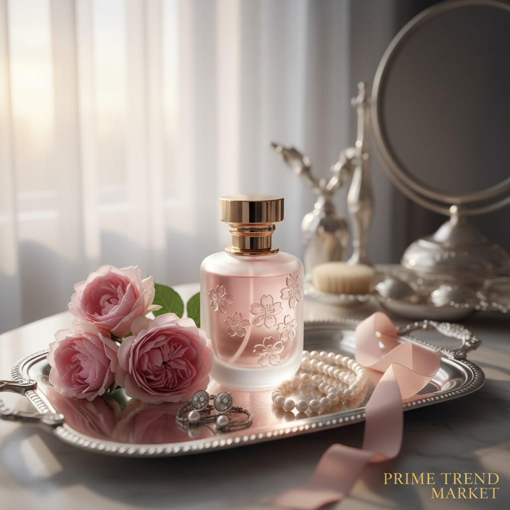 Cherry blossom perfume on vanity tray with pink roses and pearl jewelry