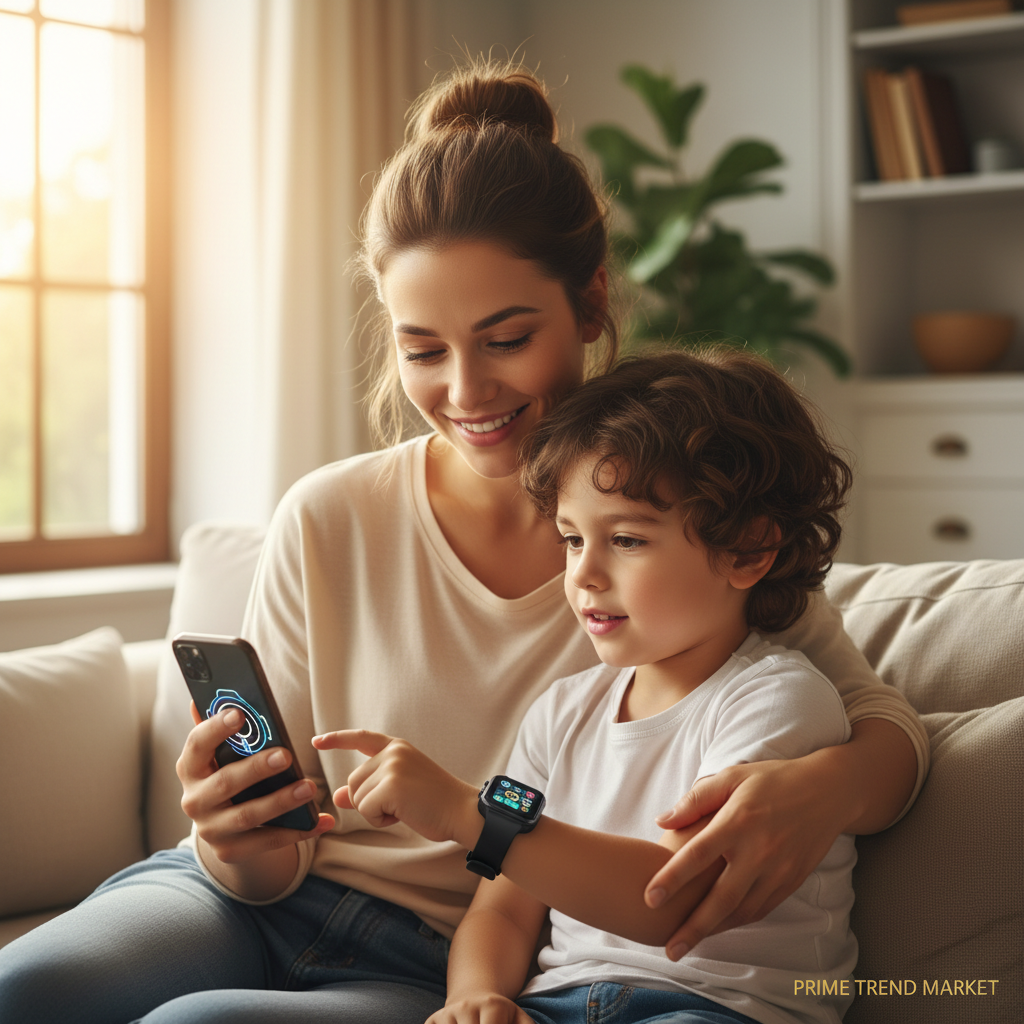Parent and child looking at K1 kids smart watch together