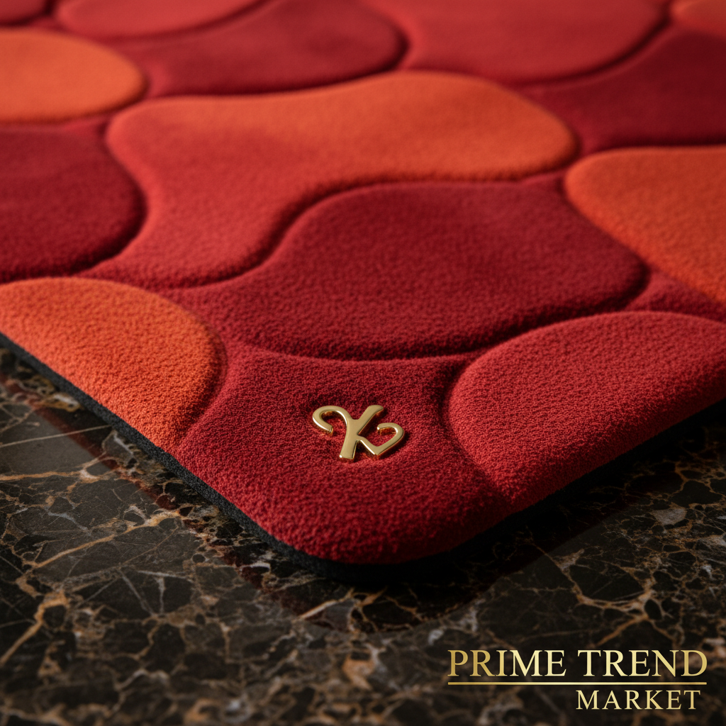 Close-up macro detail of premium thick suede fabric texture on red pattern pet mat