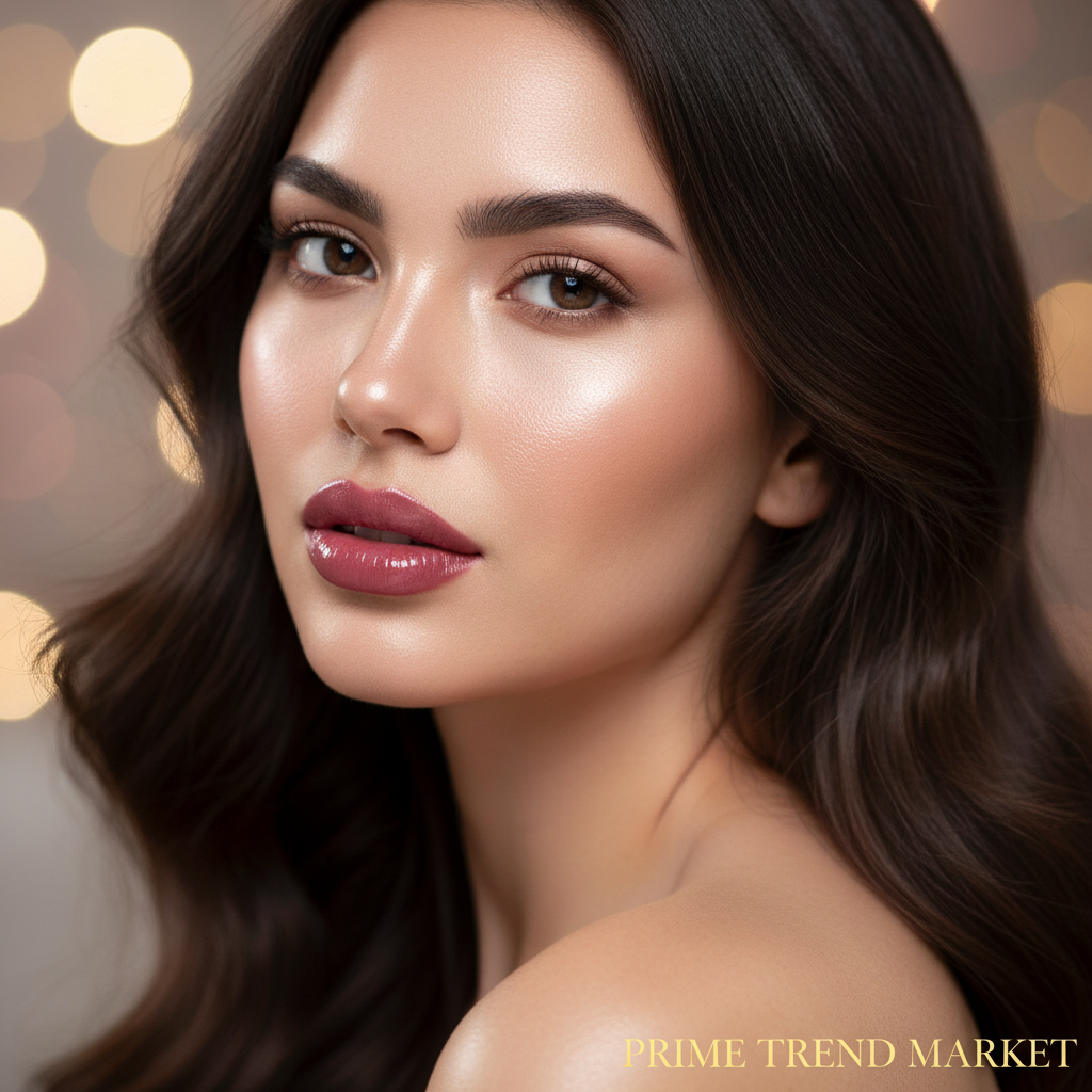 Woman with plump glossy lips in deep rose shade