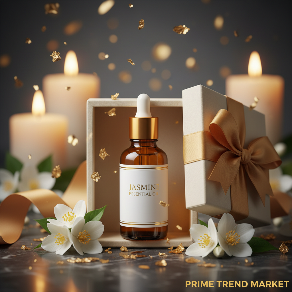 Luxury Jasmine Essential Oil in cream satin gift box with gold ribbon