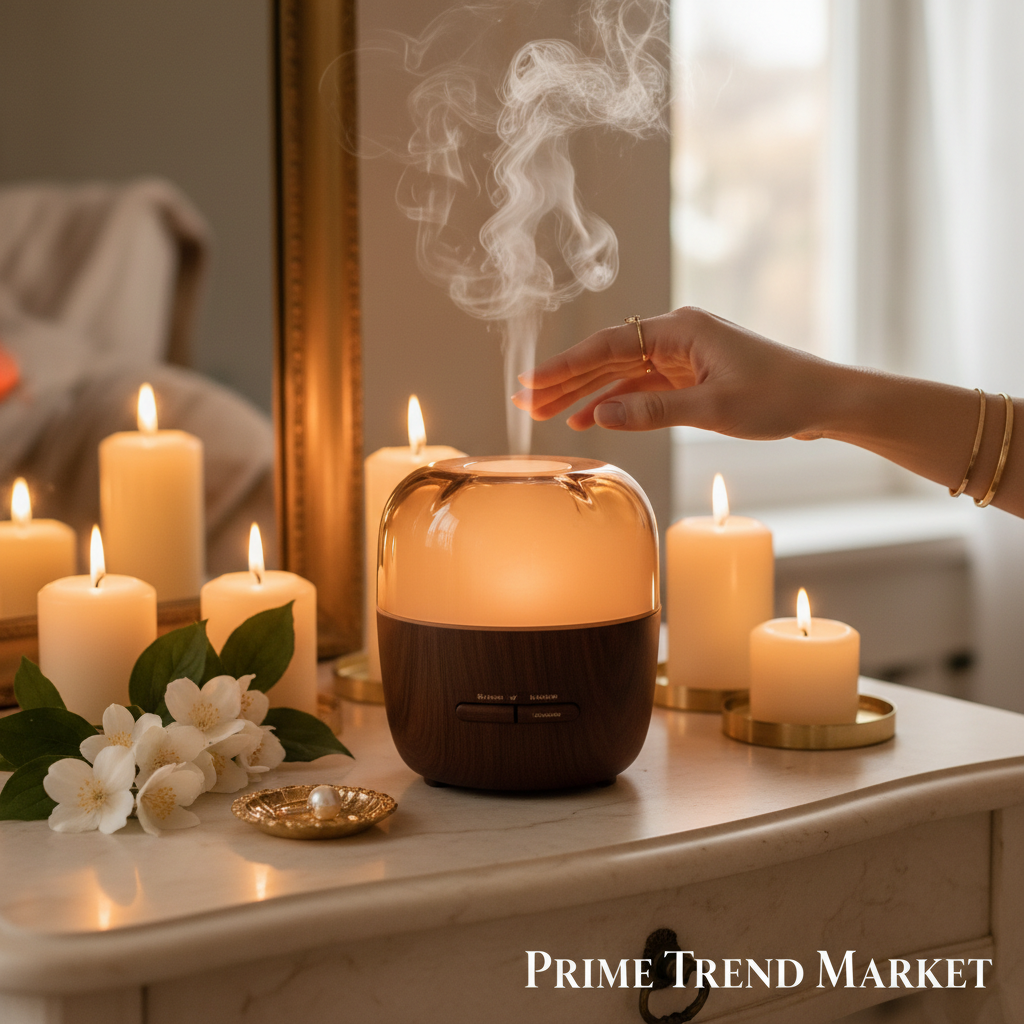 Luxury solid wood glass aroma diffuser on cream vanity with jasmine and amber candlelight