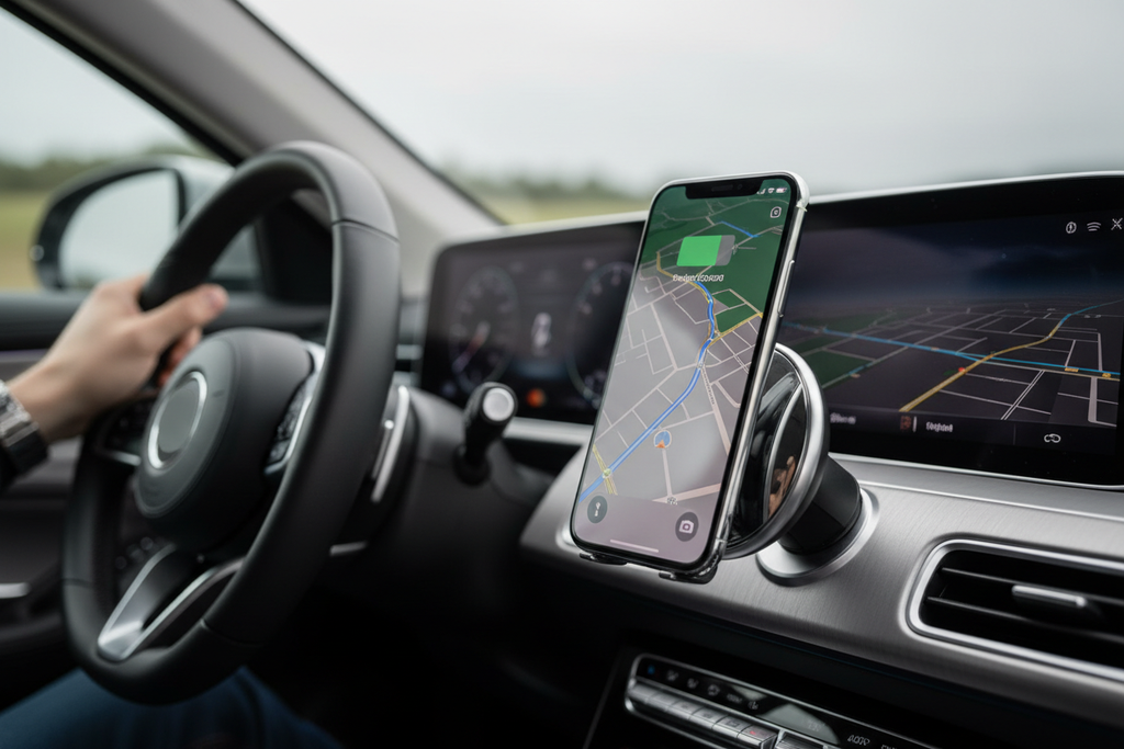 iPhone wirelessly charging on magnetic car mount