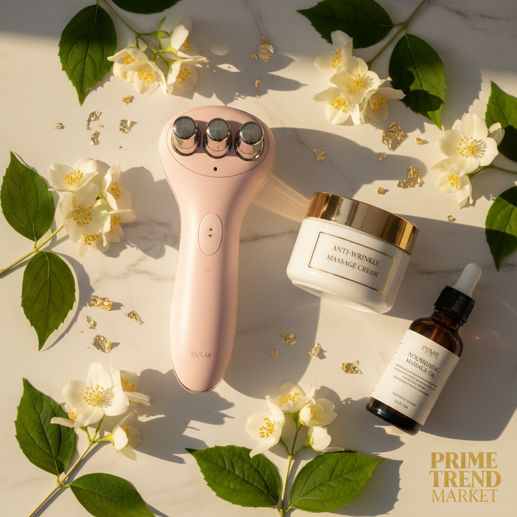 Luxury EMS Face Massager full ritual bundle flatlay with massage cream and oil