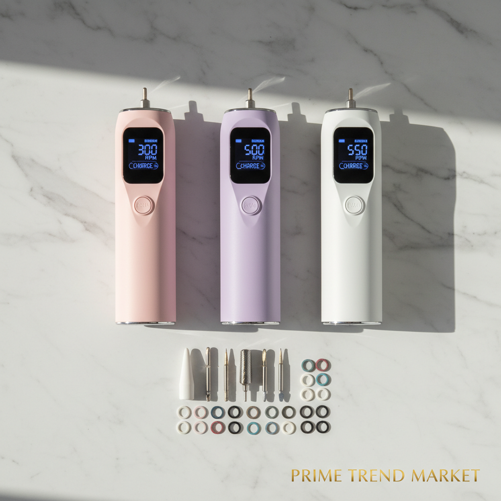 Three nail drill color variants pink purple white on marble