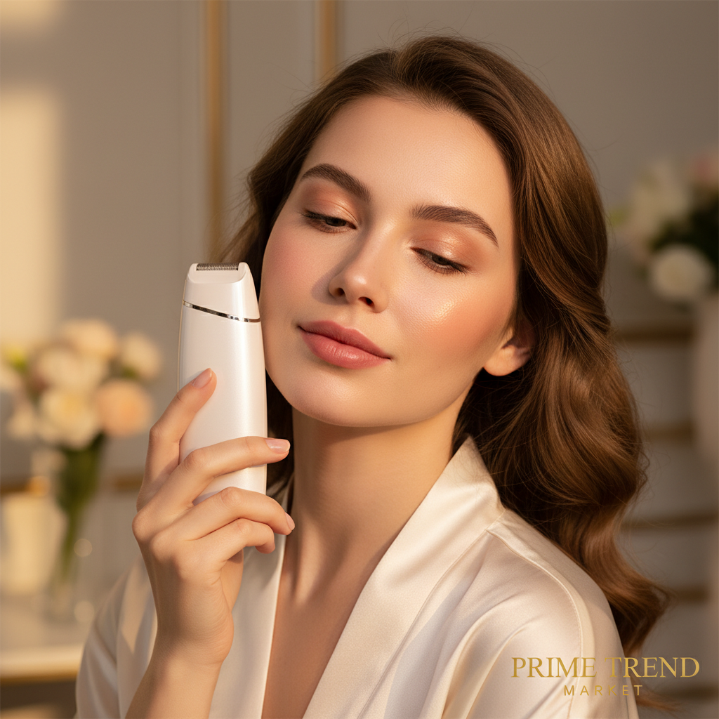 Beautiful woman using white electric facial trimmer smooth flawless skin beauty lifestyle