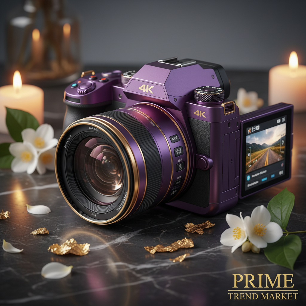 SnapShot purple camera close-up on dark marble