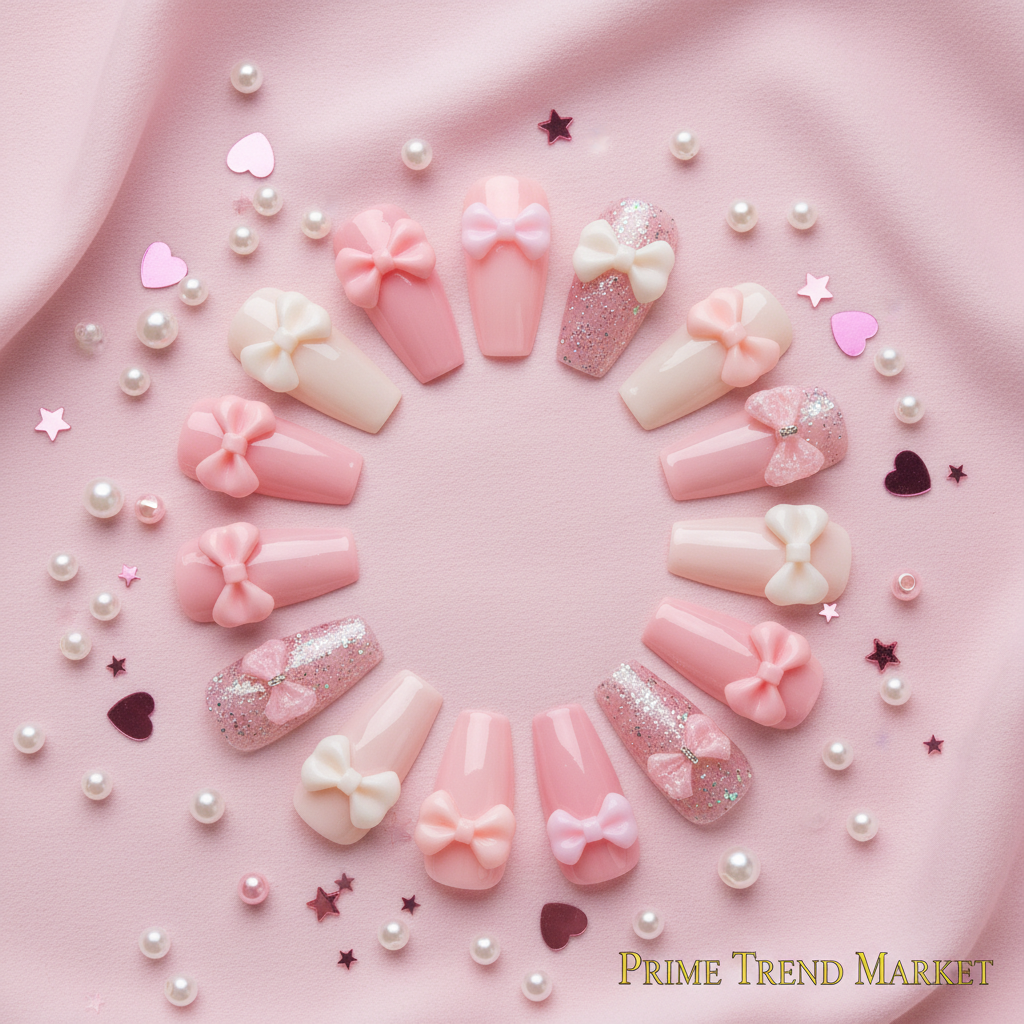 Bowknot nail art press-on nails arranged in circle on pink background with bow accessories and pearl beads