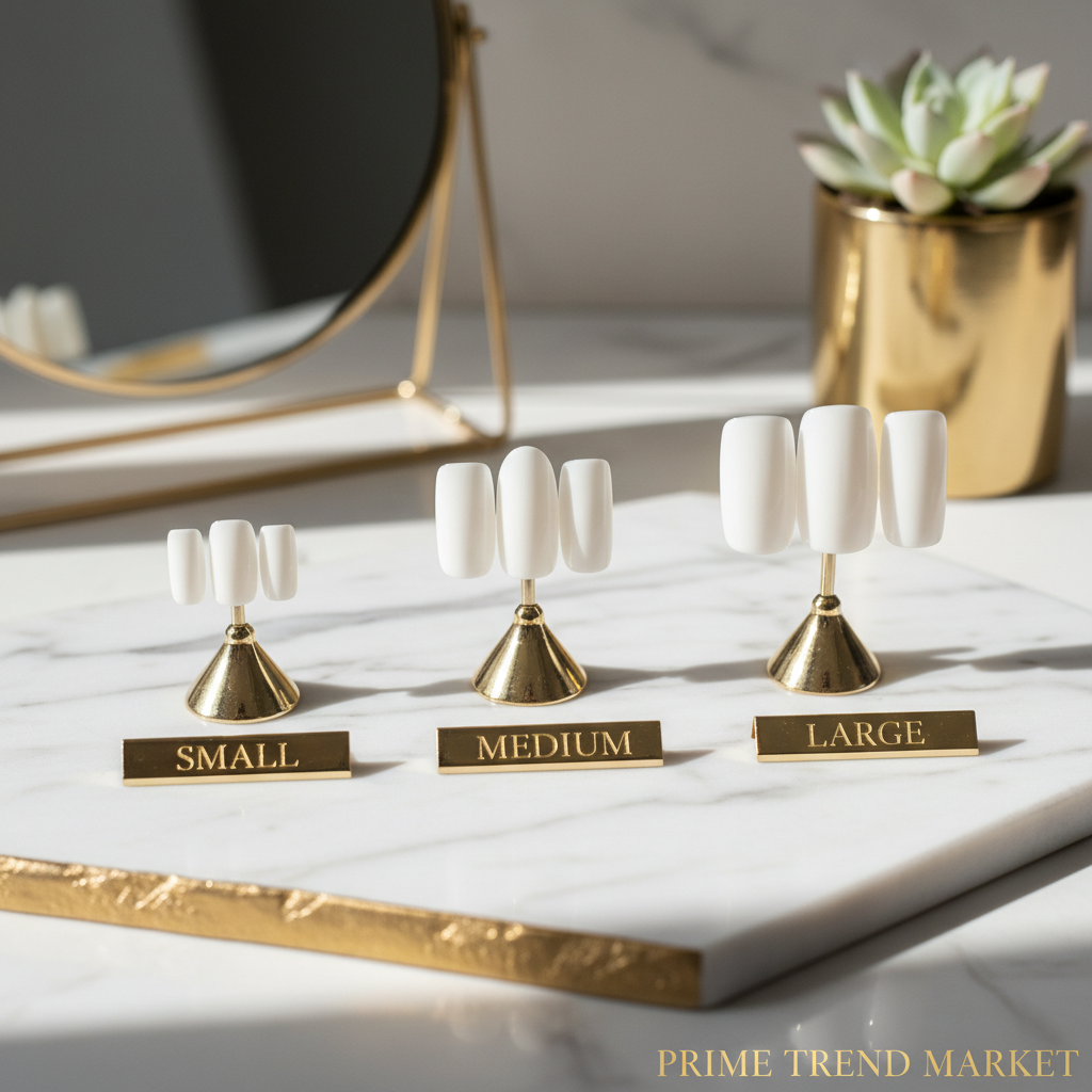 Three sizes S M L of short PMMA press on nails displayed on white marble
