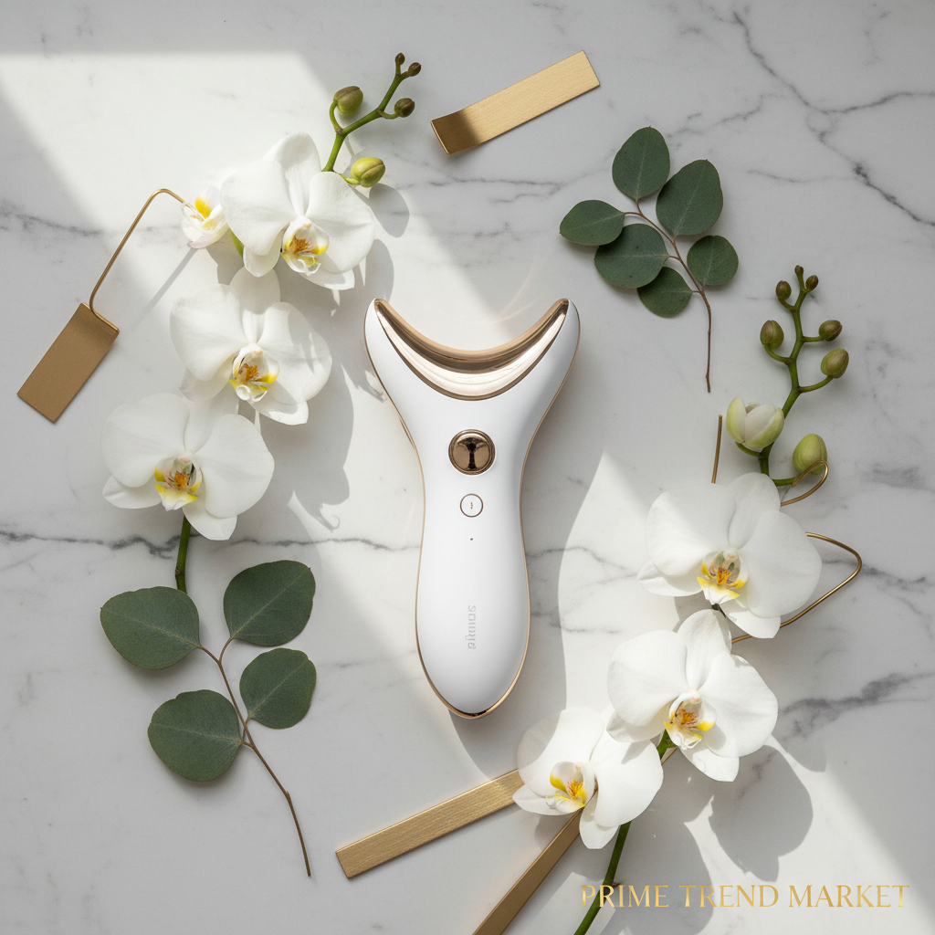 White face and neck tightening device on marble with orchids and gold accents — Prime Trend Market