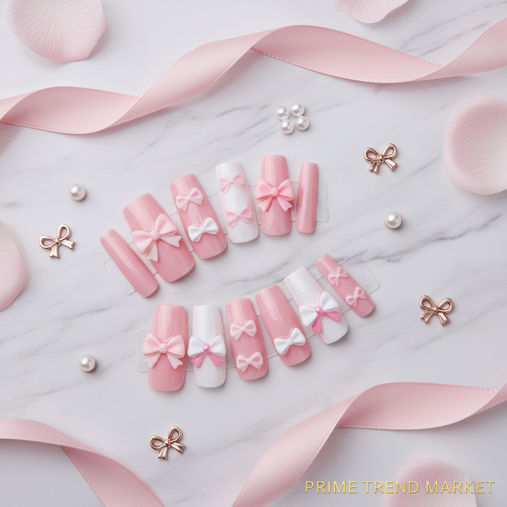 Bowknot nail art press-on nails flat lay on white marble with pink ribbon and rose petals