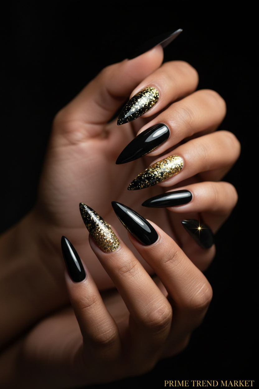 Black Gold Glitter Nails — Close-Up Detail